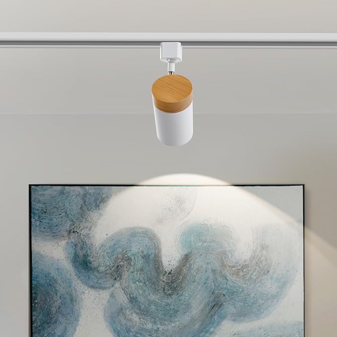 H Type 6 Track Lighting Heads, Natural Solid Wood and Matte White Lampshade Spotlights, Brushed Nickel Swivel Item Kit