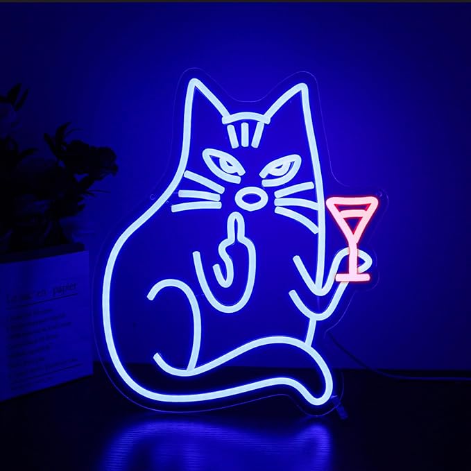 Neon Sign, HSJNJKFU Blue Cat Neon Signs for Wall Decor Cat Led Light Up Sign for Bedroom Wall Decor Funny Animal Sign Room Birthday Party Home Decor USB Powered