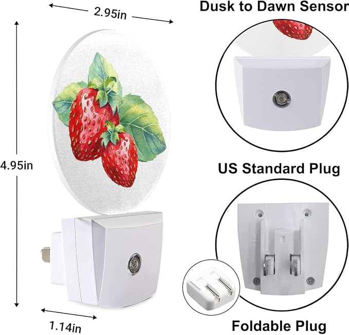 Nightlight Watercolor Strawberry with Fresh Green Leaf Night Lights Plug into Wall Dusk to Dawn Sensor Round Night Light for Adults Boys Girls, 0.5W Energy Efficient
