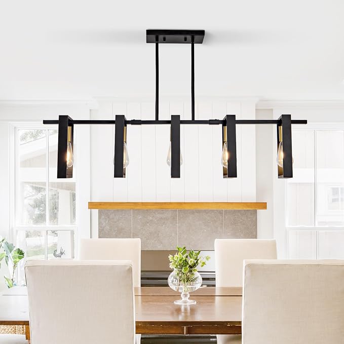 Farmhouse Kitchen Island Lighting Black Dining Room Lights Ceiling Hanging Rustic 5 Lights Wood Chandelier Light fixtures 41.3" Height Adjustable