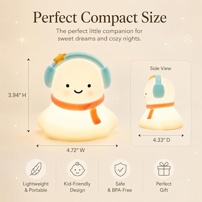 Snow Baby Night Light for Kids, Silicone Squishy Lamp, 3-Level Dimmable Touch Bedside Light, USB Rechargeable Nursery Lamp for Baby Bedroom, Birthday Christmas Gift