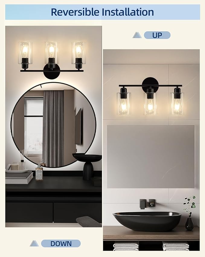 3 Light Bathroom Vanity Light, Black Vanity Lights for Bathroom, Modern Light Fixtures Over Mirror with Clear Glass Shade, Wall Sconce Lighting for Bedroom Living Room Hallway