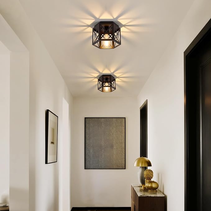 XSDeTu 2 Pack Flush Mount Ceiling Light, 1-Light Black Light Fixtures Ceiling Mount, Small Flush Mount Lamp with Hexagonal Metal Cage, Farmhouse Chandeliers for Hallway Kitchen Sink Entryway Foyer