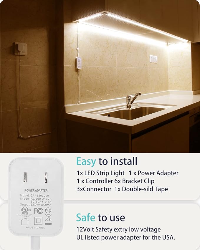Motion Sensor Led Light Strip - with UL FCC Plug Adapter, Multi-Functional Controller, Dimmer and Timer, Under Cabinet Lights for Kitchen Stair Showcase Bedroom Corridor Counter 9.84ft WarmWhite