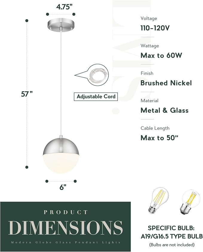 6-inch Brushed Nickel Pendant Light, Mid Century Kitchen Island Pendant Light Fixtures with White Globe Glass, Adjustable Hanging Light for Dining Room Bedroom Bathroom, LMS-186BNS
