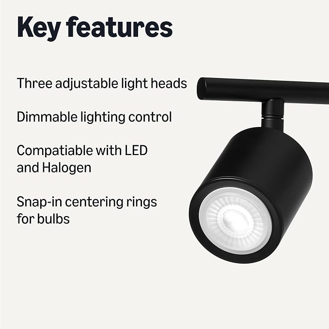 Amazon Basics 3-Light Track Lighting Kit, Dimmable, Adjustable Rotating Heads, GU10 MR16 LED Bulbs Included, 19.9L x 5.1W x 6.65H in, Black