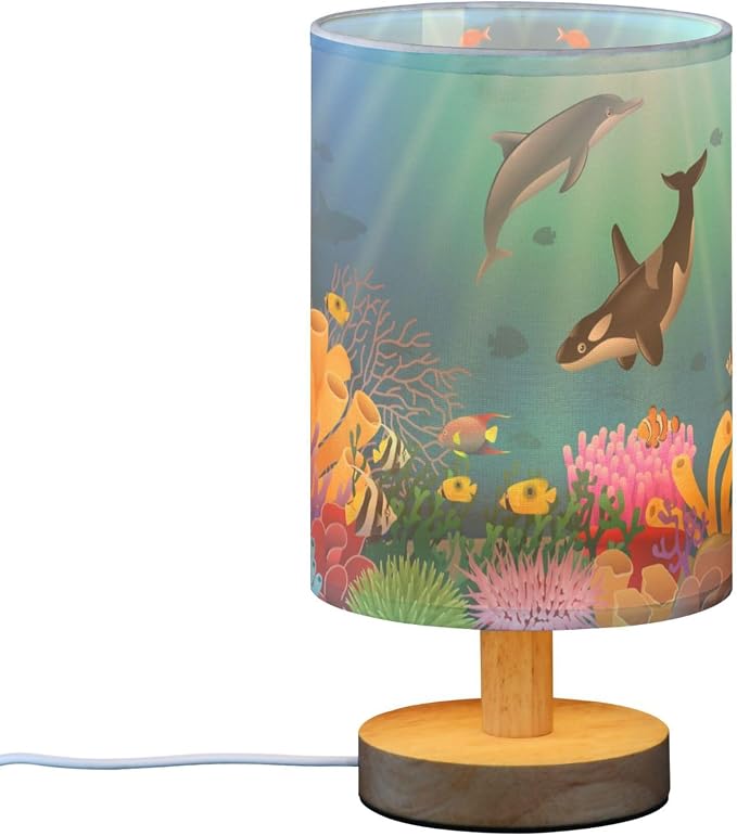 Table Lamp Cartoon Dolphin Killer Whale Sea Fish Coral Underwater in Ocean Nightstand Lamp with Wood Base Fabric Lamp Shade Bedside Desk Lamp for Living Room Bedroom Kids Room Office
