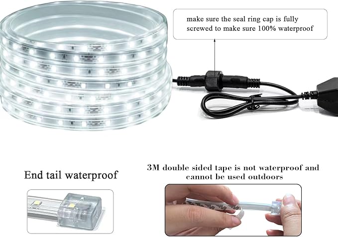 20FT White Rope Lights Outdoor, 12V IP65 Waterproof Led Rope Lights Indoor Cuttable, Flexible Led Strip Lights Cuttable Plug-in for Patio Deck Bedroom Kitchen Bedroom Christmas