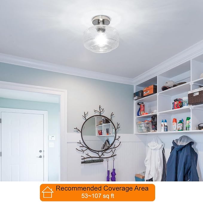 DSMJFU Semi Flush Mount Ceiling Light, Vintage Small Ceiling Light Fixture, Thickened Glass Hallway Light Fixture, Brushed Nickel Kitchen Ceiling Mount Lamp for Entry Way, Bedroom, Bathroom