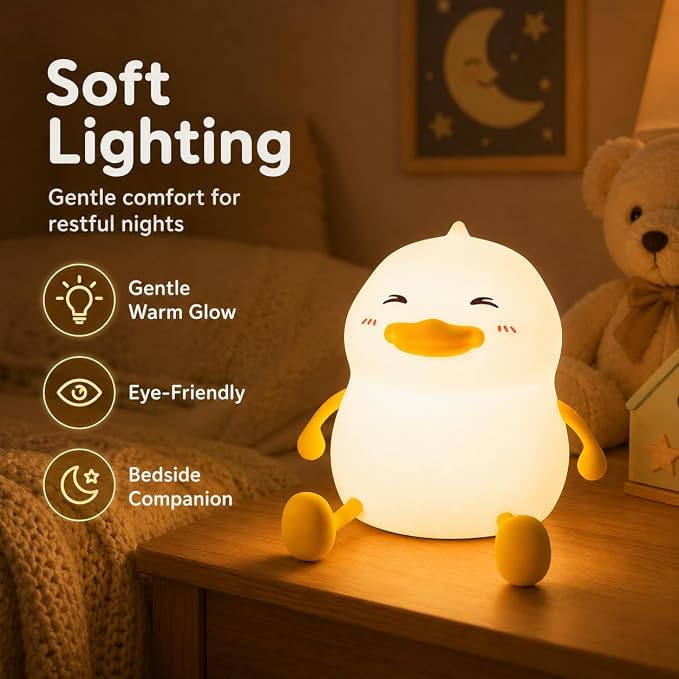 Fat Duck Night Light, LED Squishy Novelty Animal Night Lamp, Food Grade Silicone 3 Level Dimmable Nursery Nightlight for Desk Decor, Funny Gifts Stuff for Boys Girls Baby, White Elephant Gifts