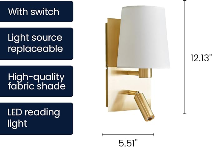 12.1" Wall Sconce with Shade & Reading Light, White Fabric Wall Lamp for Bedroom, Gold Bedside Wall Light with LED Reading Light 3000K 205 lm, Dual Switch, E12 Max 10W Bulb Not Included