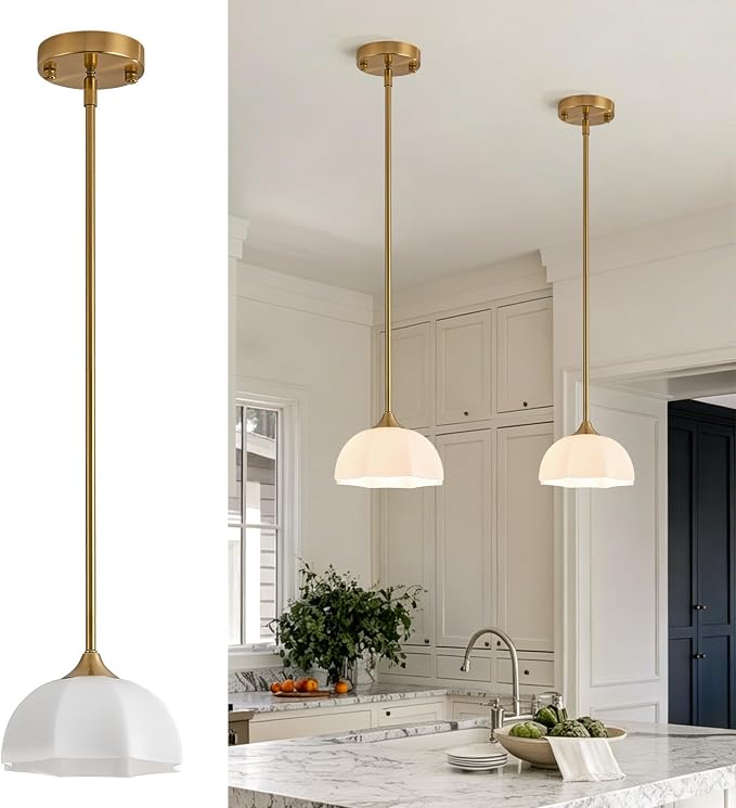 Milk Glass Pendant Lights for Kitchen Island E26 Base Mid Century Light | 7.8inch Modern Gold Lighting for Bathroom Bedroom Dining Room Adjustable Hanging Height Fixture