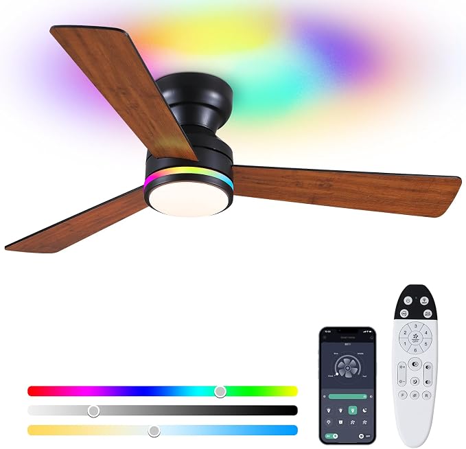46" 3-Blade Brown Low Profile RGB Ceiling Fan with Light and Remote/APP | 11 RGB Modes,Reversible 6 Wind Speeds,Dimmable 3 CCT LED, 25W Quiet DC Motor,Timer,6 Double-Sided Blades,for Kidsroom Party