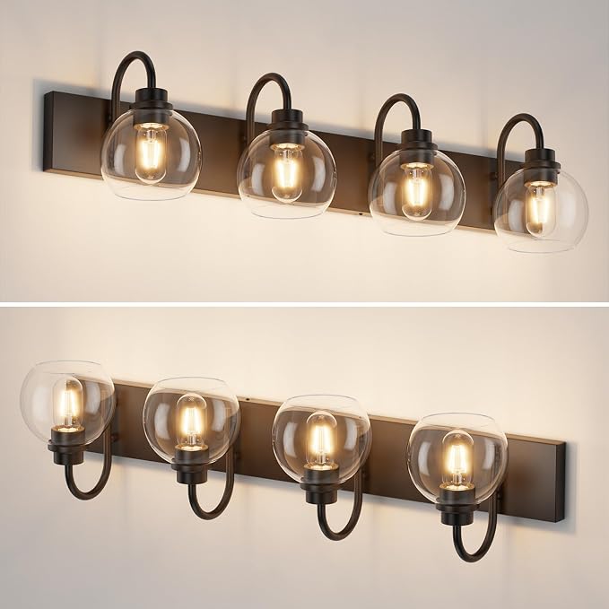 Vanity Light Fixtures With Clear Glass Shade, 4-Light Modern Lights Over Mirror, Black Wall Lamp for Bathroom, E26 Base