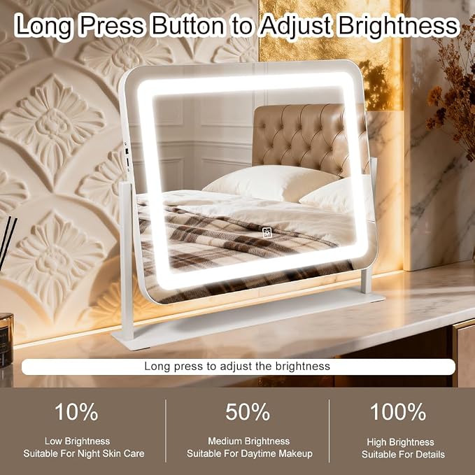 YEKKOPT 16"x20" Desk Makeup Vanity Mirror with Lights - Smart Touch Control, Dimmable Light (3 Modes), for Makeup Desk, Bedroom, Dressing Room