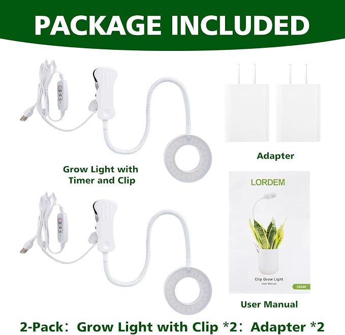 LORDEM Grow Light,Full Spectrum Pot Clip LED Plant Growth Light with Auto On/Off Timer 4/8/12H,Plant Lamp with 360°Rotatable Gooseneck, 4 Dimmable Brightness, Ideal for Small Indoor Plants, 2 Pack