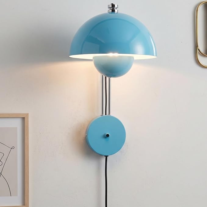 COSYLUX Mid-Century Modern Bud Plug in Wall Sconces for Bedroom, Turquoise | Indirect lighting reading wall lamp, all-metal construction, plug-in or hardwired install, fits bedroom bedside, living room