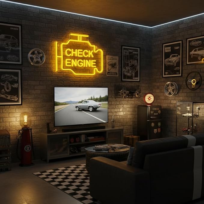 Check Engine Neon Signs for Wall Decor, Garage Led Neon Light Sign for Man Cave Decor, Funny Gifts for Dad & Car Guys, Mechanics, Auto Repair Shop, Workshop, Garage Decor, USB Powered