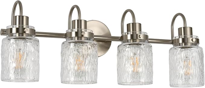4 Lights Hammered Glass Bathroom Vanity Light,Brushed Nickel | Easy Installation,Up or Down,Farmhouse Modern Style,E26 Socket,ETL Certification