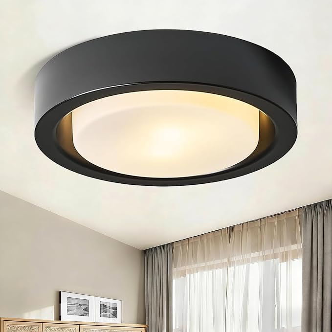 Black Flush Mount Ceiling Light,13 Inch Matte Black Ceiling Lighting Fixture,2-Light Modern Round Metal Lamp with White Frosted Glass Shade for Hallway Bedroom Closet Outdoor