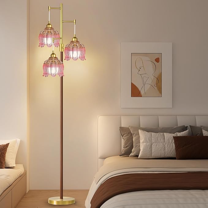 Wood Floor Lamps for Living Room Bedroom-3 Lights Vintage Floor Lamp with Flower Glass Lampshape,Gold Mid Century Modern Standing Lamp Pink Tall Floor Lamp for Bedroom Living Room Corner
