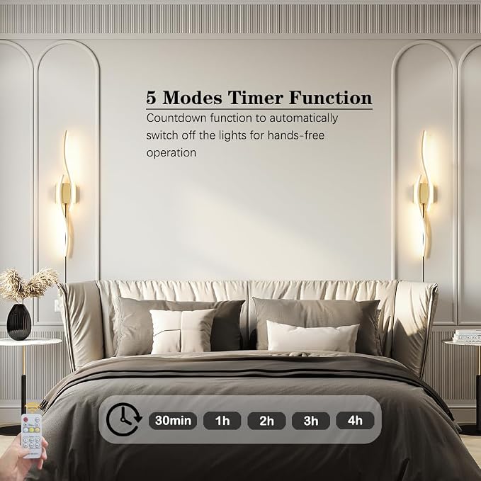 Daunton Modern Gold Plug in Wall Sconce Set of 2, Indoor Dimmable Light Fixture with Plug in Cord for Living Room, LED Sconces Lighting with Remote Control, Wall Lighting Decor for Hallway Bedroom