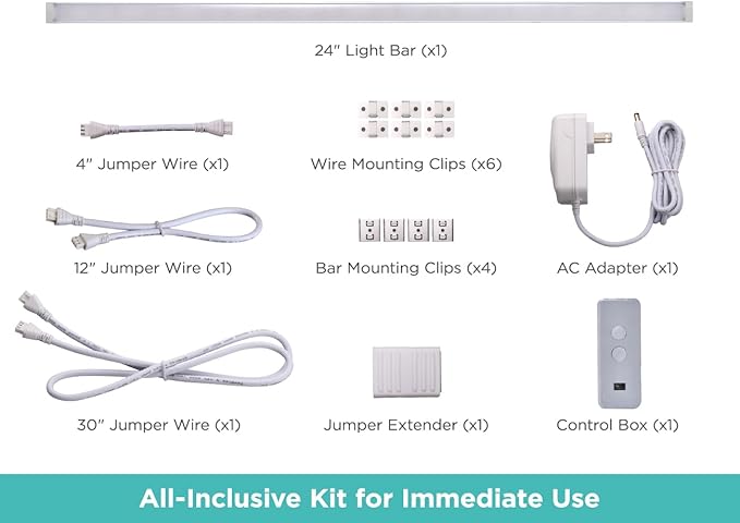 Black+Decker LED Under Cabinet Light Kit, Motion Sensor, Dimmable, Linkable, 3 Color Settings, Tool-Free, Utility Light, Closets, Garage, Pantry, (1) 24" Bars