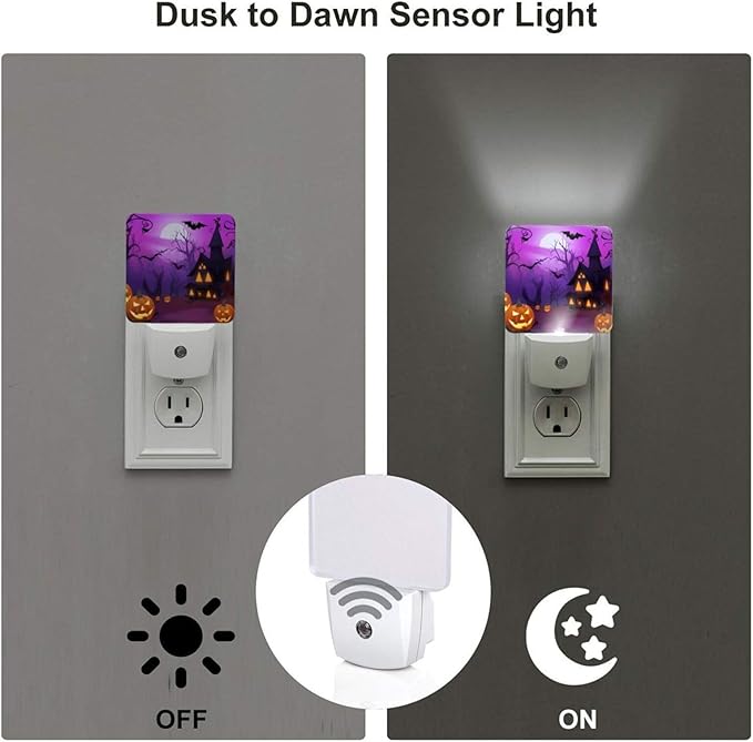 Halloween Pumpkin Night Light Set of 2, Lanterns and Ghost Owl Bat Auto Sensor LED Dusk-to-Dawn Nightlights, Plug-in Sensor Lamp for Bedroom Bathroom Kitchen Hallway Stairs Decorative