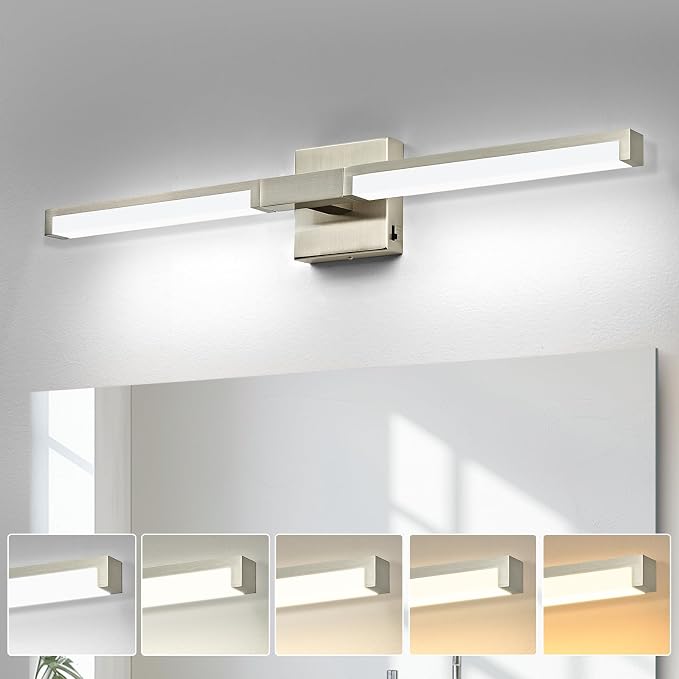 Modern Bathroom Light Fixtures Over Mirror, 24 Inch Brushed Nickel Vanity Light Bar for Bathroom, 12W 5CCT Diammable Wall Light