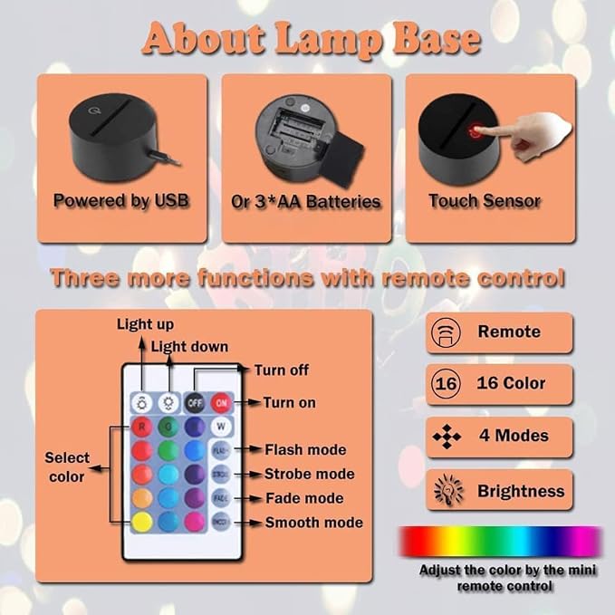 LOUHH 3D Illusion Night Light, 16 Color Night Light - 3D LED Intelligent Remote Control Lamp for Children's Room Decoration and Children's Gifts
