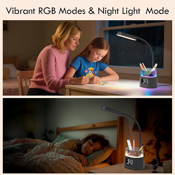 WILIT LED Desk Lamp for College Dorm Room Essentials, Students Study Lamp with USB Charging Port, Pen Holder, Clock & RGB Night Light, Office Desk Accessories, Table Lamp for Bedroom - Gray