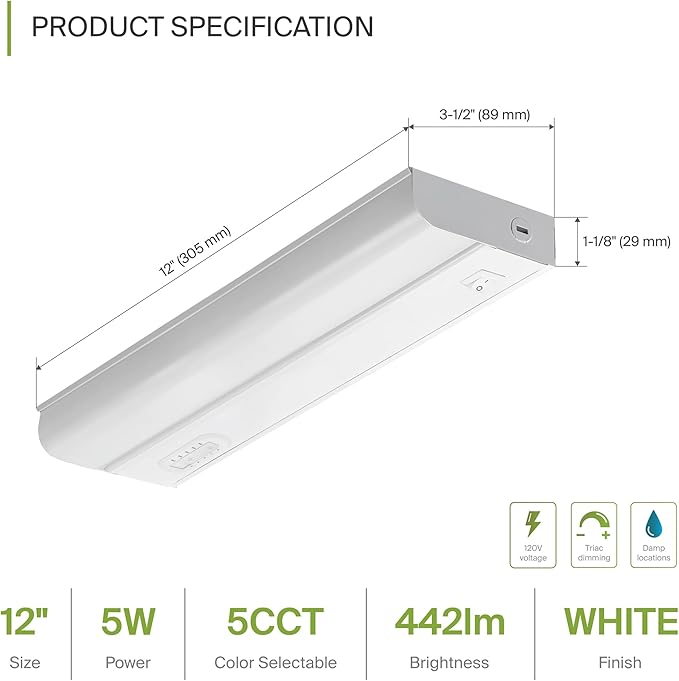 ASD 2 Pack 12 Inch Hardwired LED Under Cabinet Lights, On/Off & 5CCT Switch 2700K-5000K, 5W 442LM CRI90+, Direct Wire Low Profile Linkable Fixture, Dimmable Under Counter Kitchen Lighting, White, UL