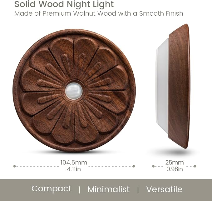 Wood Flower Night Light, Rechargeable Motion Sensor Light | 3D Flower Surface, USB-C Rechargeable, Backlit Warm Light, Magnetic Light for Stair, Home Decor Lighting, Black Walnut