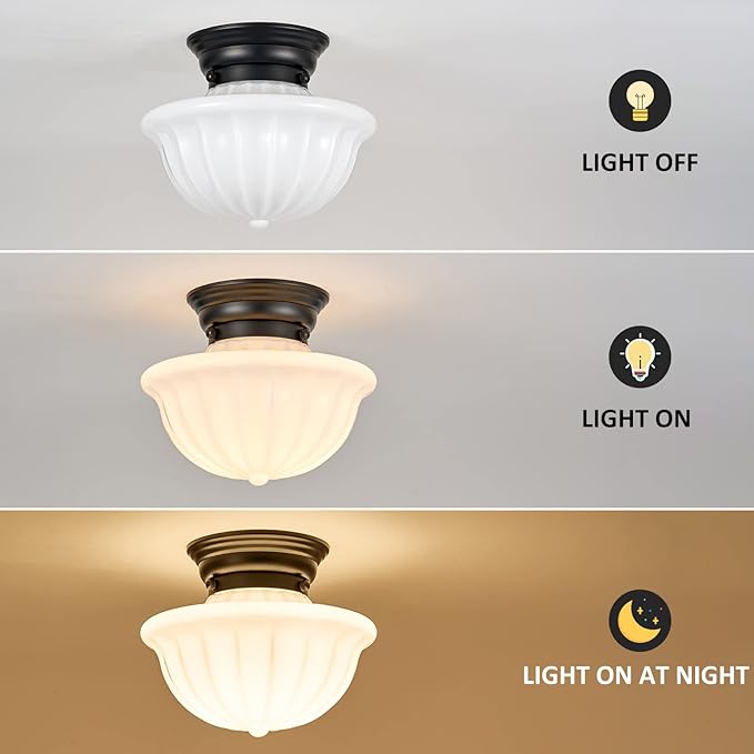 Black Schoolhouse Light Fixture Ceiling, 9 Inch Hallway Semi Flush Mount Ceiling Lighting, White Milk Glass Ceiling Lights Mid Century for Bedroom, Kitchen, Entryway