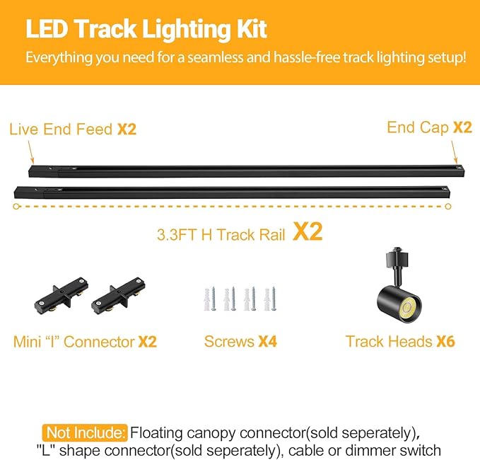 6 Lights LED Track Lighting Kit with 6.6FT H Type Track Lighting Rails, Modern Kitchen Ceiling Spot Light Fixture Dimmable Track Heads 2000K to 6000K Adjustable, Remote Control,10W 800lm White