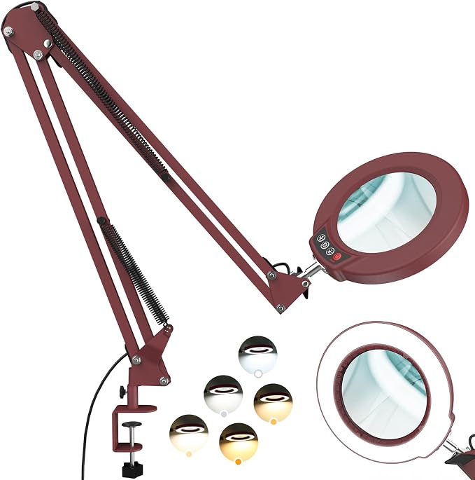 12X Large Magnifying Glass with Light and Clamp, Real Glass, 5 Color Modes, Stepless Dimmable, 2 x 16 Inch Adjustable Swing Arm Stand Desk Lamp, LED Lighted Magnifier Hands Free for Close Work - Red