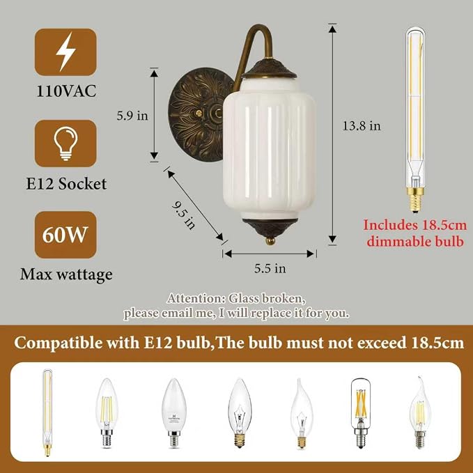 Vintage Milk Glass Wall Sconce - Set of 2,Antique Dimmable Sconce (Bulb×2) | Mid Century Brass Gold,Install Up or Down,Art Deco Retro Vanity Light Fixture for Hallway Bathroom Bedroom Bedside