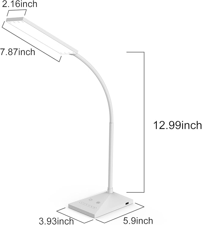 LED Desk Lamp, 12W Dimmable Table Lamp Eye-Caring Reading Light with USB Charging Port Touch Control 5 Color Modes 7-Level Brightness Adjustable for Office Home Bedroom (White)