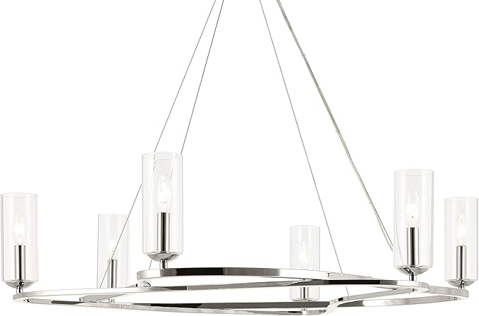 Kichler Harpin 6-Light Chandelier, Sloped Ceiling Compatible, for Dining Room or Living Room with Clear Glass in Polished Nickel (8.5" x 37.75"), 52771PN
