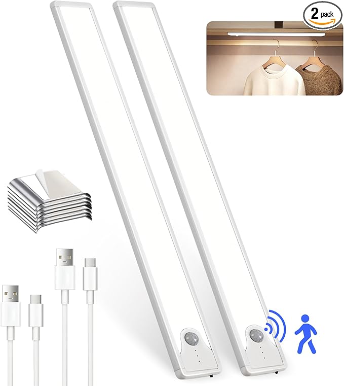 16 Inch Under Cabinet Lights, 83 LED Rechargeable Magnetic Motion Sensor Light Indoor, Brightness Dimmable 6500K Stepless Dimming Closet Light, for Under Counter, Kitchen, Stairs, Closet, 2 Packs