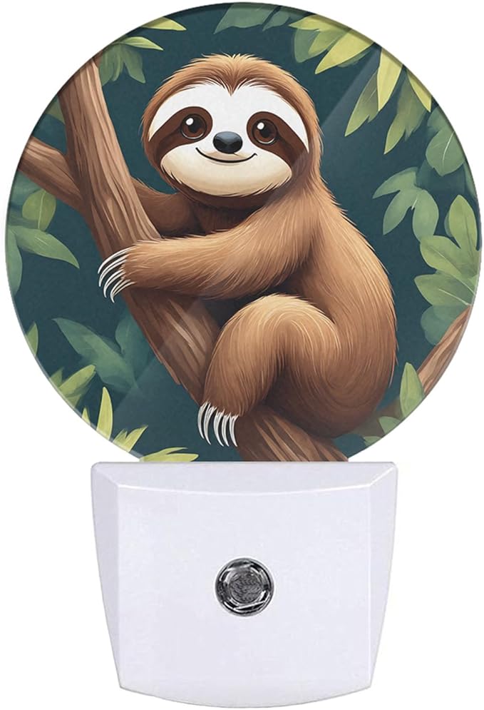 Plug-in Cute Sloth Night Light Tropical Jungle Nightlight with Dusk to Dawn Sensor, Auto On/Off 0.5W Energy-Saving LED Lighting for Men Women Boys Girls Gift