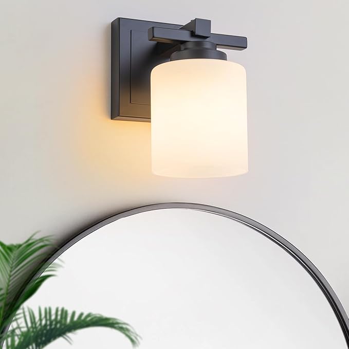 Modern Bathroom Light Fixtures Over Mirror, Vanity Lights for Bathroom Wall Sconces with Milky White Glass Shades, E26 Socket (Bulbs Not Included), 1 Light, Black
