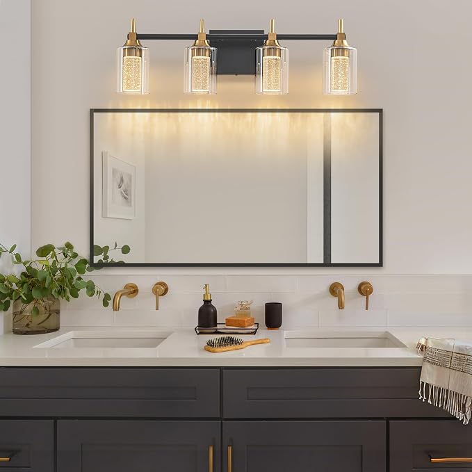 Vanity Light with 3 Color Modes (3000K/4000K/6000K), Eye Protection LED Bathroom Light Fixture, Dimmable Modern Wall Light Over Mirror with Clear Glass Shade (Black and Gold, 4-Light)