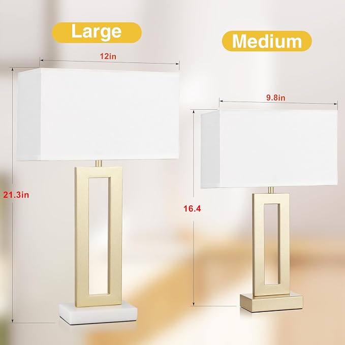 Seealle 22" Tall Bedroom Lamps for Living Room - Gold Bedside Lamps with Marble Base, Lamp for Nightstand with Knob Switch, Modern Night Stands Lamps for End Tables(White&Gold&Marble)
