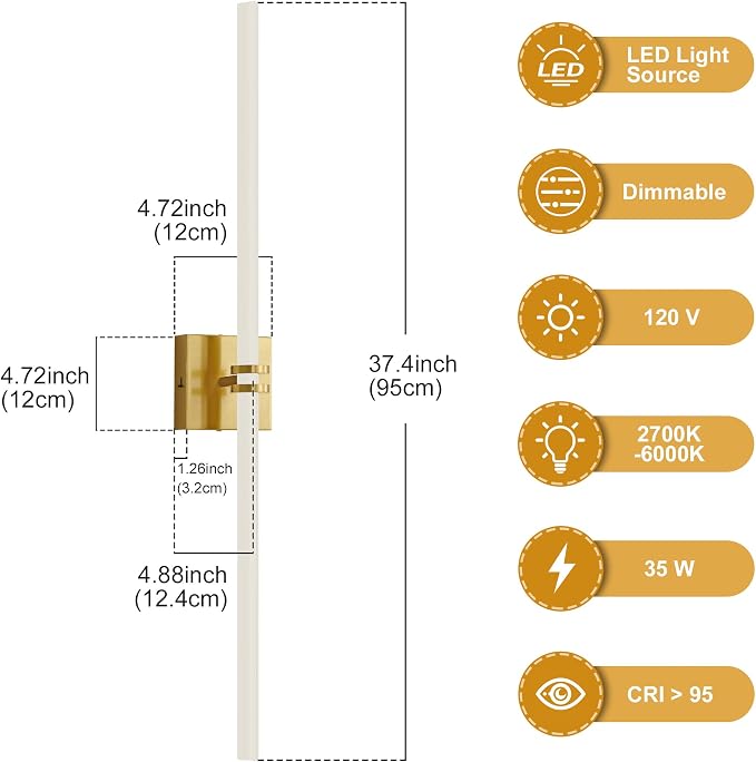 Gold Bathroom Light Fixture LED Vanity Light 37.4" 5CCT Wall Sconce | LED Dimmable Wall Light Modern 360° Lighting, 35W Hardwired Vanity Light for Bathroom Mirror, Flicker-Free Easy Install