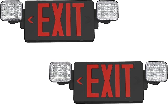 Black Red LED Exit Sign Emergency Light Combo, UL Listed Battery Backup | UL-listed commercial fire exit sign features 90-min battery backup, 360° rotating dual heads, and easy dual-mount setup.