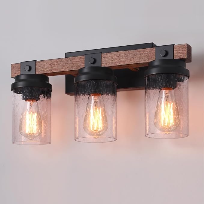 3-Light Farmhouse Vanity Lights Bathroom Lighting Fixtures Over Mirror | Faux Wood Rustic Wall Mount Light with Clear Seeded Glass Shade,Industrial Black Metal Wall Sconces for Bathroom Living Room