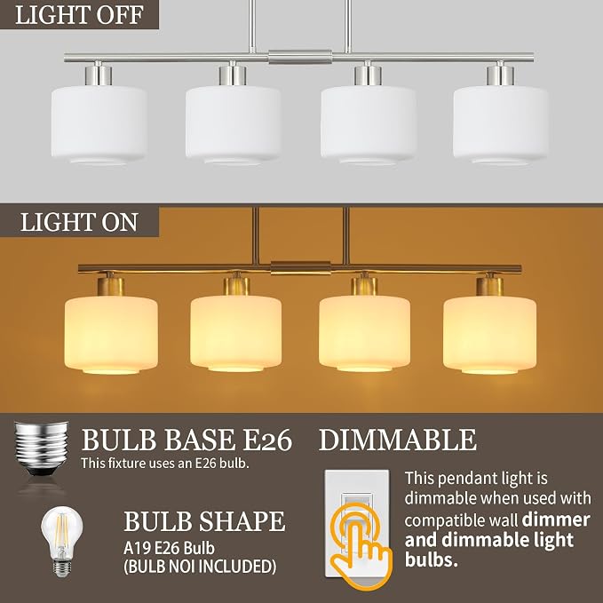 4-Light Brushed Nickel Kitchen Island Lighting, Modern Linear Dining Room Chandelier Light Fixtures with Milk Glass and Chain, Mid Century Hanging Lights for Kitchen Island, OS-YQ8153-4ISBNW