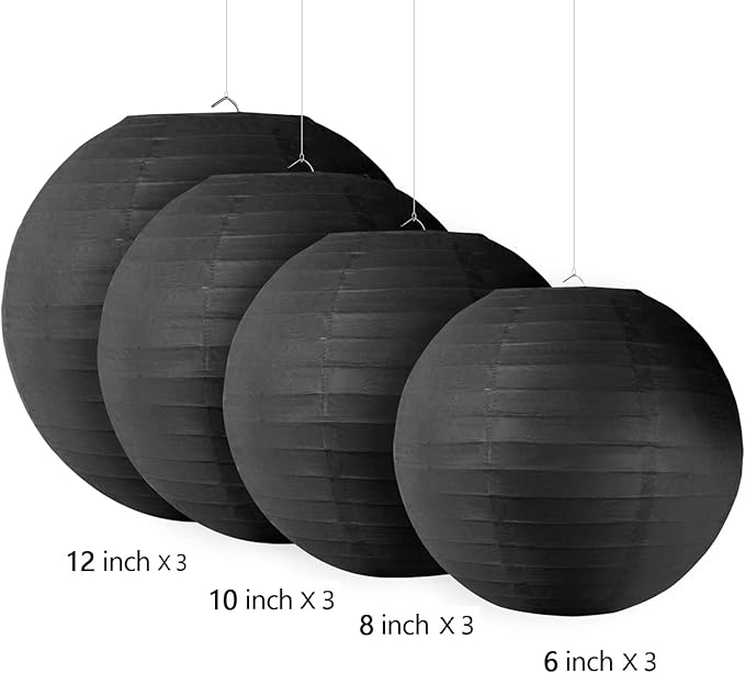 12pcs Black Paper Lanterns with 12pcs White LED Lights, 6" 8" 10" 12" Round Hanging Chinese/Japanese Ball Lantern for Wedding Anniversary Birthday Party Decorations