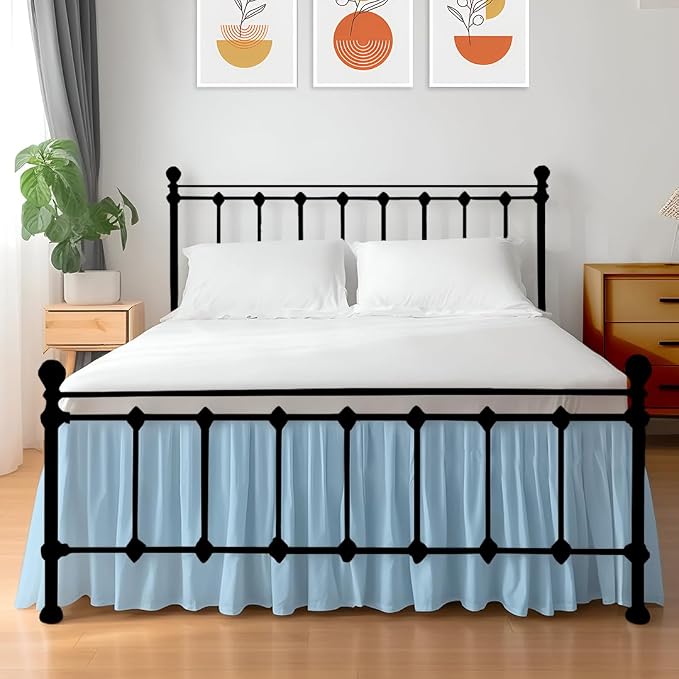 Shreem Linen Ruffled Bed Skirt with Split Corners, Gathered Style, 100% Microfiber, 16-Inch Drop, Dust Ruffle Bedskirt with Platform, King, Light Blue